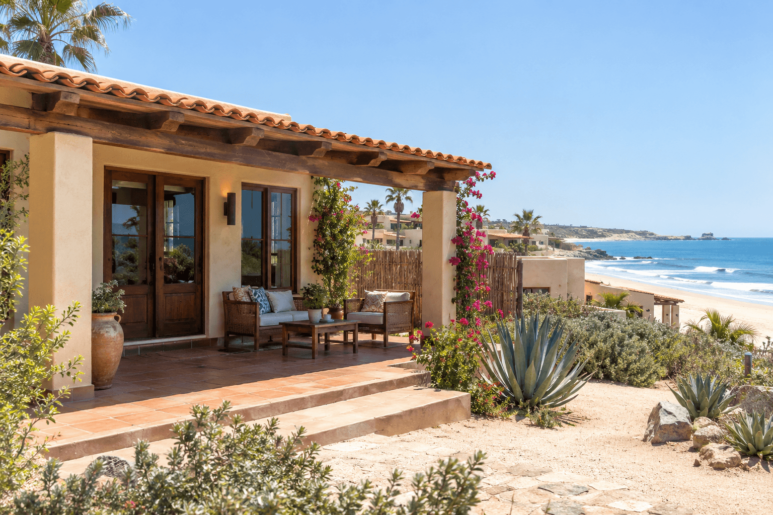 Illustrative AI-generated scene: Cabo beach casita