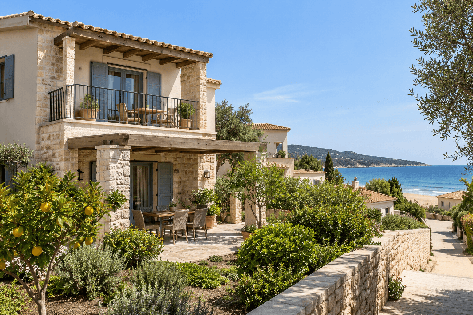 Illustrative AI-generated scene: Mediterranean seaside duplex