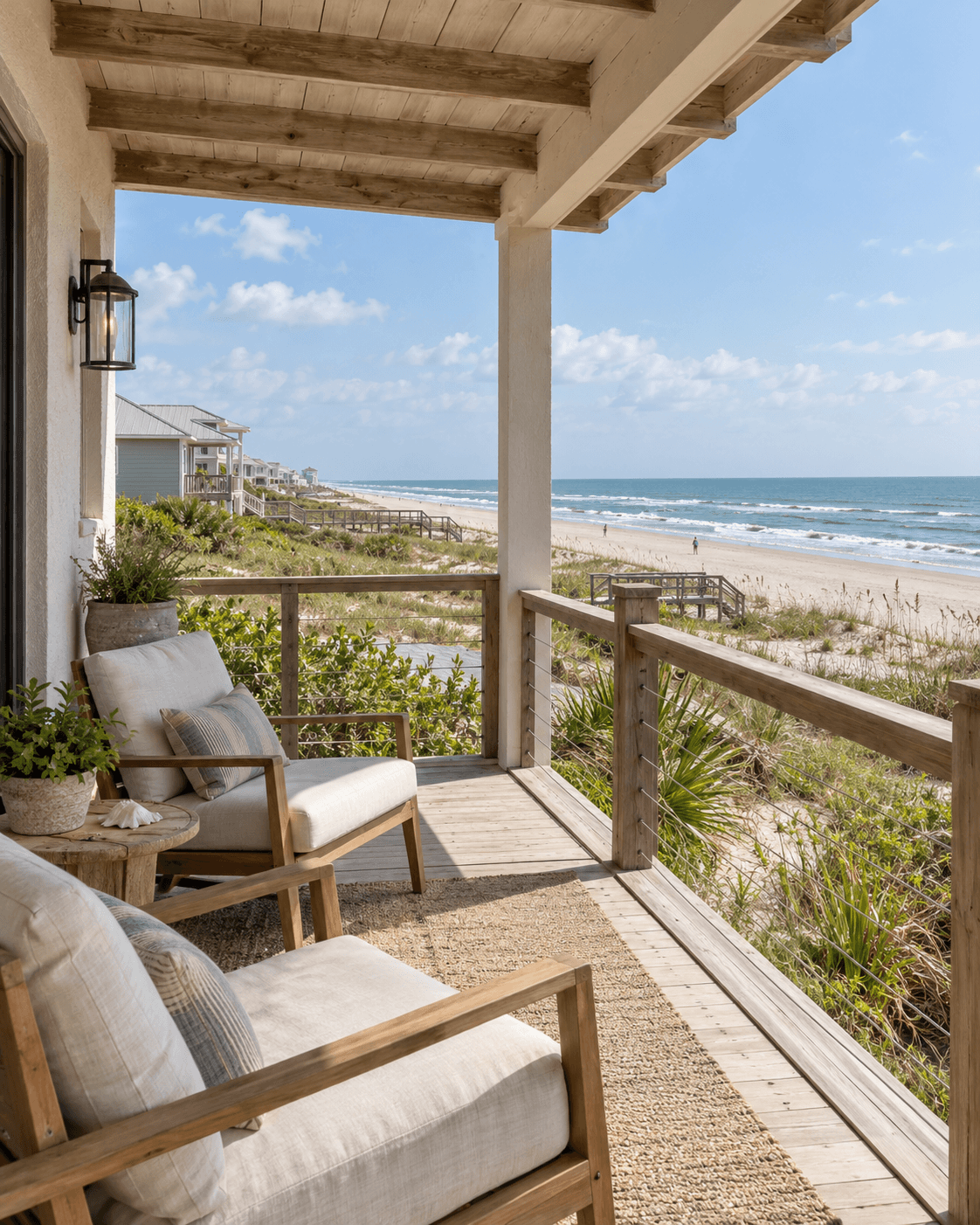 AI-generated illustration of a modest beach villa terrace beside coastal dunes