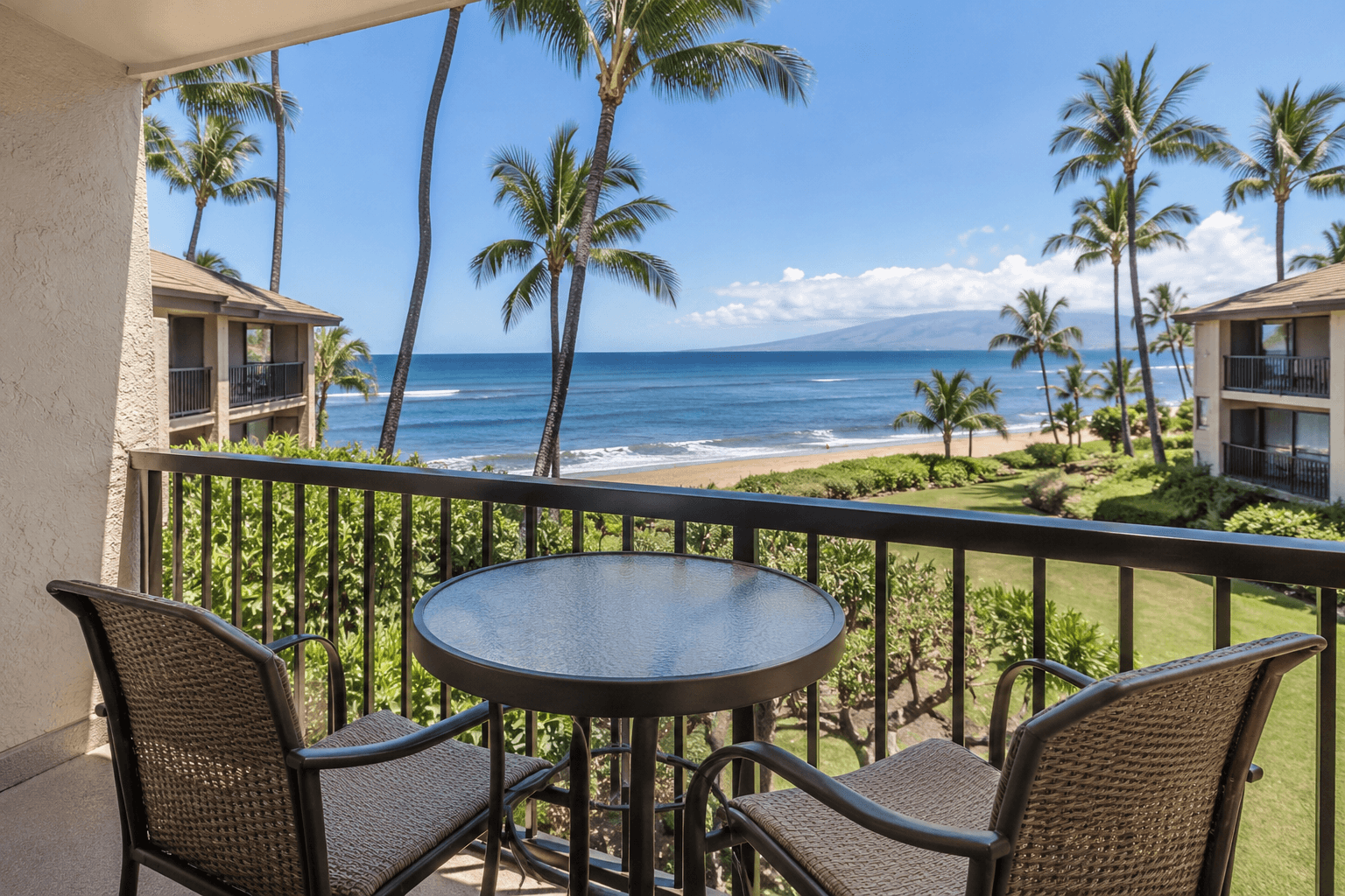 Illustrative AI-generated scene: Maui coastal apartment