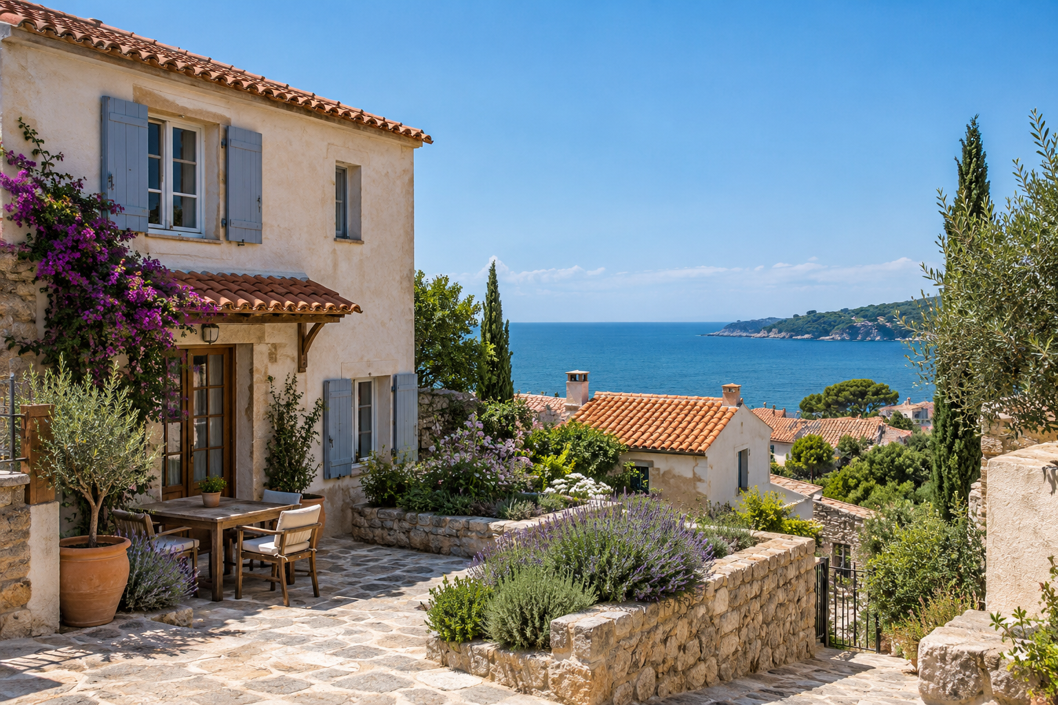 Illustrative AI-generated scene: Riviera seaside townhome
